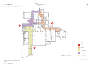 Extract of Drapers Hall masterplan. The plan shows the existing horizontal circulation at ground floor level. It identifies the type of people that use specific routes, the change in levels and also the clashes between staff and visitors. As part of the masterplan Purcell was asked to identify specific issues within the existing buildings and to come up with proposals on how to address it. Following the masterplan Purcell was asked to look at a few of the issues and potential solutions identified. One of these issues was the Austin Friars good entrance.(next page). The entrance presents several steps and Purcell is proposing to open up the glazed area in the centre and hide a platform lift behind it. We also had to look at how to re-create the glazed portion without having a deleterious impact on the overall aesthetic of the elevation.